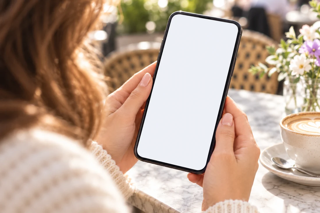 Vaade üle kohvikus istuva naise õla: tema käes oleva telefoni ekraanil on väravakaamera pilt, vestlus kulleriga, fotojuhis ja nupp „Luba kuller sisse”.